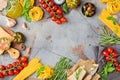 Italian food ingredients with pasta, tomatoes, cheese, olive oil, basil Royalty Free Stock Photo