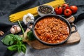 Italian food ingredients for Spaghetti Bolognese. Raw pasta, Basil, ground beef, tomatoes. Gray background. Top view Royalty Free Stock Photo