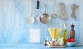 Italian food, ingredients for spaghetti dish and kitchen utensils, panorama good copy space