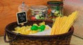 Italian food,Mixed dried pasta selection in basket with basil Royalty Free Stock Photo