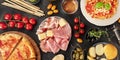 Italian food panorama. Pizza, pasta, cheese, ham, wine, olives, capers Royalty Free Stock Photo