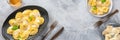 Italian Food panorama. Round and square ravioli, overhead flat lay shot Royalty Free Stock Photo