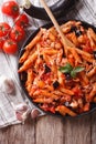 Italian food: Pasta alla Norma close-up and ingredients. vertica Royalty Free Stock Photo