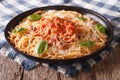 Italian food: pasta with Amatriciana Sauce and basil close-up. Royalty Free Stock Photo