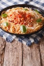 Italian food: pasta with Amatriciana Sauce and basil close-up. Royalty Free Stock Photo