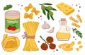 Italian food. Pasta cook, olive oil, basil and tomato, cheese and garlic. Tasty cuisine, homemade or Italy restaurant