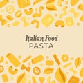 Italian food pasta with different types fusilli, spaghetti, ravioli and macaroni poster vector illustration. Royalty Free Stock Photo