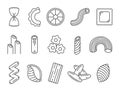 Italian food, pasta product shape types line icons. Outline spaghetti, ravioli, macaroni, penne and farfalle. Pasta form