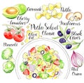 Italian food pasta salad set in watercolor with lettering Royalty Free Stock Photo