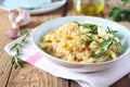 Italian food. Penne pasta with red lentils, parsley and olive oil dressing