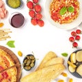 Italian food. Pizza, pasta, cheese, wine, overhead flat lay square shot on a white background, forming a frame