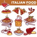 Italian food pizza, pasta, meat and dessert drink vector flat icons