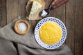 Italian food polenta with cheese gorgonzola on wooden table. Royalty Free Stock Photo