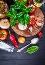 Italian food preparation pasta on wooden board Royalty Free Stock Photo