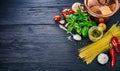 Italian food preparation pasta on wooden board in style copyspace. Royalty Free Stock Photo