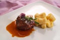 Italian food recipes, veal cheek in Barbera red wine with potato dumplings