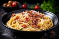 italian food sauce spaghetti carbonara meat pasta bacon cheese meal. Generative AI.