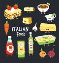 Italian food set. Lasagna and flavouring. Black background. Vector graphics