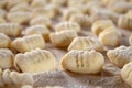 Italian food speciality: hand made potato gnocchi on a wooden board, ready to be cooked. Home made and hand rolled on a fork.