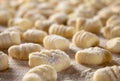 Italian food speciality: hand made potato gnocchi on a wooden board, ready to be cooked. Home made and hand rolled on a fork. Royalty Free Stock Photo