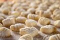 Italian food speciality: hand made potato gnocchi on a wooden board, ready to be cooked. Home made and hand rolled on a fork. Royalty Free Stock Photo