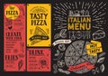 Italian foodrestaurant menu. Pizza flyer for bar and cafe. Design template with vintage hand-drawn illustrations. Royalty Free Stock Photo