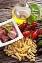 Italian Fusilli pasta with swordfish ingredients