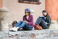 Italian girls are relaxing sitting reading a book Royalty Free Stock Photo