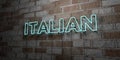 ITALIAN - Glowing Neon Sign on stonework wall - 3D rendered royalty free stock illustration