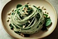 Italian gourmet dish green pasta spaghetti with basil and pine nuts on plate