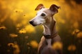 Italian greyhound dog sitting in meadow field surrounded by vibrant wildflowers and grass on sunny day ai generated Royalty Free Stock Photo