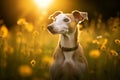 Italian greyhound dog sitting in meadow field surrounded by vibrant wildflowers and grass on sunny day ai generated Royalty Free Stock Photo