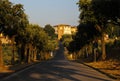 Italian hamlet and clock tower between vineyards in the hills of the Tuscany countryside, Italy.