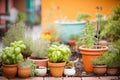 italian herb garden with basil, oregano, and thyme in pots Royalty Free Stock Photo