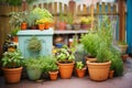 italian herb garden with basil, oregano, and thyme in pots Royalty Free Stock Photo