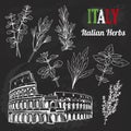 Italian herbs vector set, hand drawn collection of architecture, food, lettering Royalty Free Stock Photo