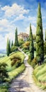 Italian Hillside: A Detailed Illustration Of Cypresses And Road Royalty Free Stock Photo