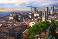 Bergamo, old town, view with towers over sunset. Lombardia, Italy Royalty Free Stock Photo