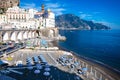 Italian holidays. View of the beautiful town of Atrani at famous Amalfi Coast with Gulf of Salerno