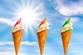 3 italian icecreams, sun and blue sky