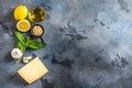 Italian ingredients for pesto genovese sauce background, healthy food concept on a vintage stone grey background Basil, olive oil Royalty Free Stock Photo