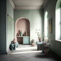 Italian interior design home with clay walls, futurist, vast, interior, atmospheric