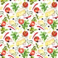 Italian kitchen repeating cooking background. Watercolour vegetables