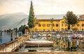 Italian lakeside village iseo dock boats Royalty Free Stock Photo