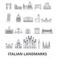 Italian landmakrs, italian, italian landscape, piza tower, cathedral, colosseum line icons. Editable strokes. Flat