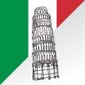 Italian landmark Piza Tower, Vector illustration line art with flag of italy.