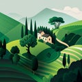 Italian Landscape Authentic Home Farm Green Blue Grey Field House on a Hill Spring Summer Generative AI