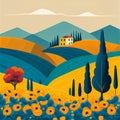 Italian Landscape Authentic Home Farm Yellow Blue Grey Field House on a Hill Summer Autumn Generative AI