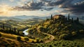 Italian Landscape: Country House And Mountain In Green Valley