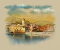 Italian landscape in the resort town of Vernazza, Cinque Terre, Italy. Watercolor sketch, illustration. Royalty Free Stock Photo